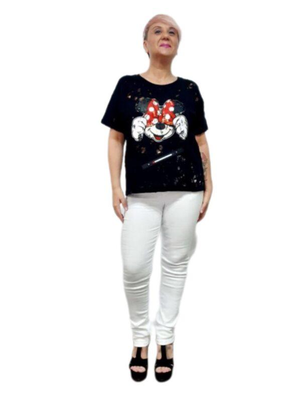 Camiseta Negra Minnie Street the annies shop moda estilo camiseta manga corta estampado caricatura minnie mouse detalle lazo rojo blanco y negro
