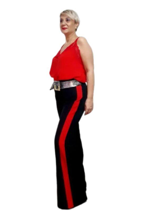 Pantalón Campana Negro the annies shop moda estilo pantalon campana negro laterales en rojo cierre cremallera en el lateral izquierdo largos cintura elástica