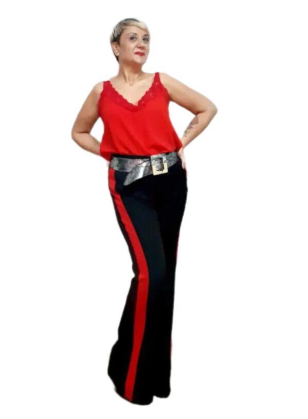Pantalón Campana Negro the annies shop moda estilo pantalon campana negro laterales en rojo cierre cremallera en el lateral izquierdo largos cintura elástica