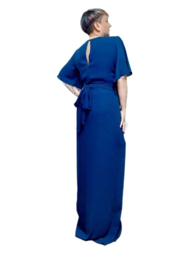 Vestido Azul de Gasa the annies shop moda estilo vestido largo azul cintura estrecha velo detalle aro dorado cuello v escote manga corta