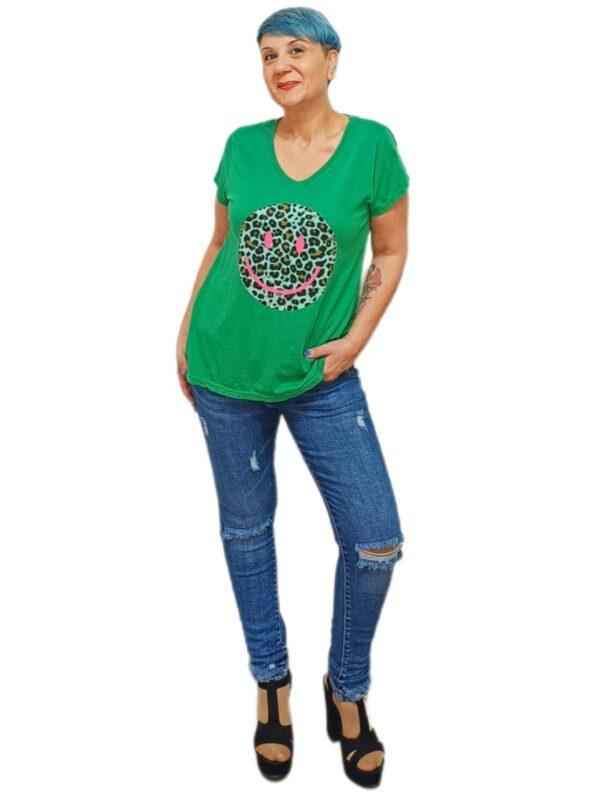 Camiseta Emoji Verde the annie sshop verde moda emoji cara feliz estampado leopardo primavera verano manga corta